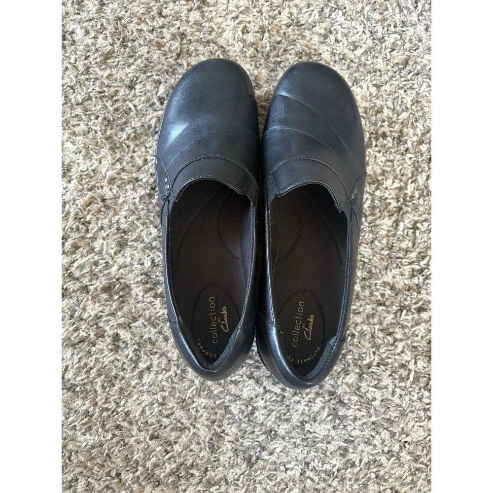 Clarks Collection Black Leather Slip-On Comfort Casual Shoes Women 8.5